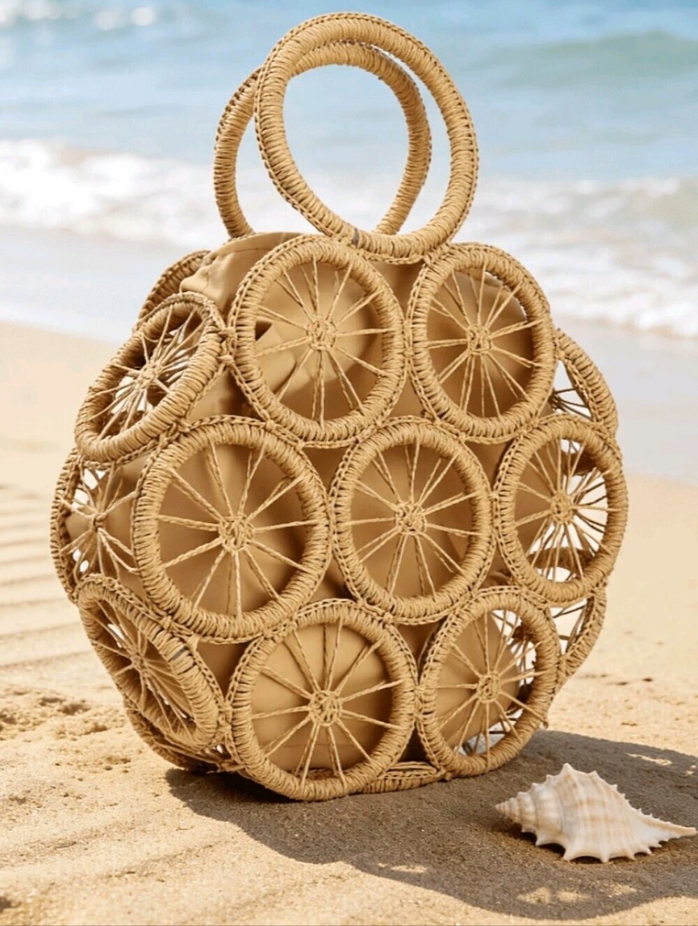 Woven Circle Tote Bag - Natural Beige - Picture 7 of 8